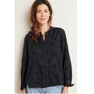 Anthropologie Pilcro Whitney Embroidered Trapeze Blouse Black Size M Button down